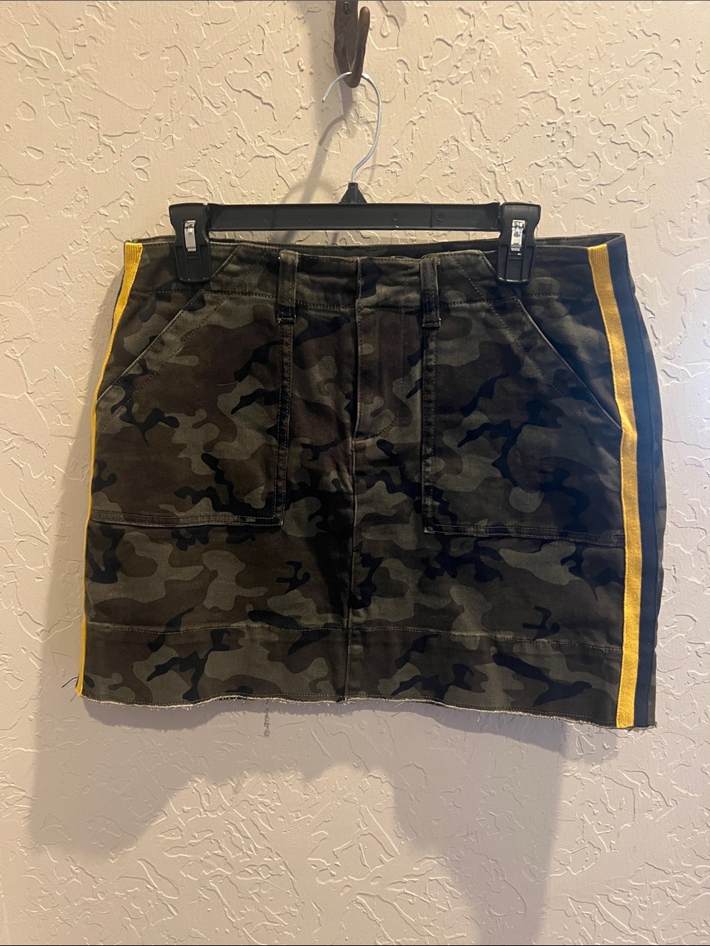 Dear John Camo Mini Skirt with Yellow and navy Side Stripes